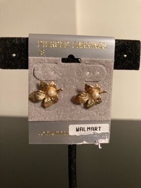 Gold Floral Pearl Stud Earrings by